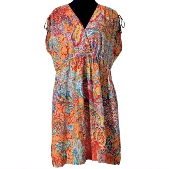 RALPH LAUREN COVERUP DRESS PAISLEY ORANGE SLEEVELESS OS ONE SIZE COTTON - Picture 1 of 16